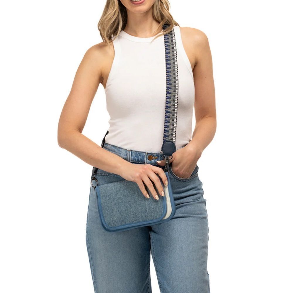 Stylish Blue Denim Crossbody Bag Small Wallet on Chain - NWT White Vegan Leather